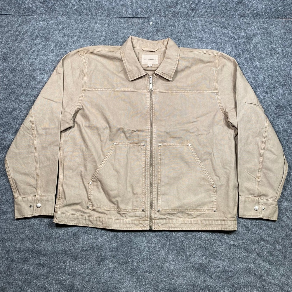 Aeropostale Mens XXL Tan Canvas Workwear Jacket Full Zip Riveted Utility 150142